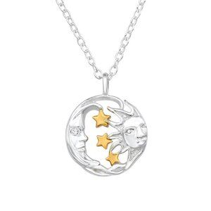 Sterling Silver Two Tone Moon and Stars Celestial Necklace